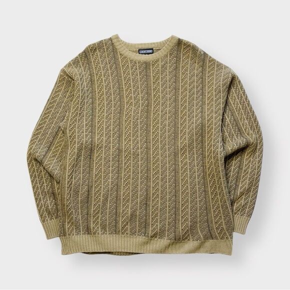 Vtg 90s Jantzen Open Knit Striped Sweater, Dad Grandpa, Textured Geometric 80s L - Picture 1 of 4